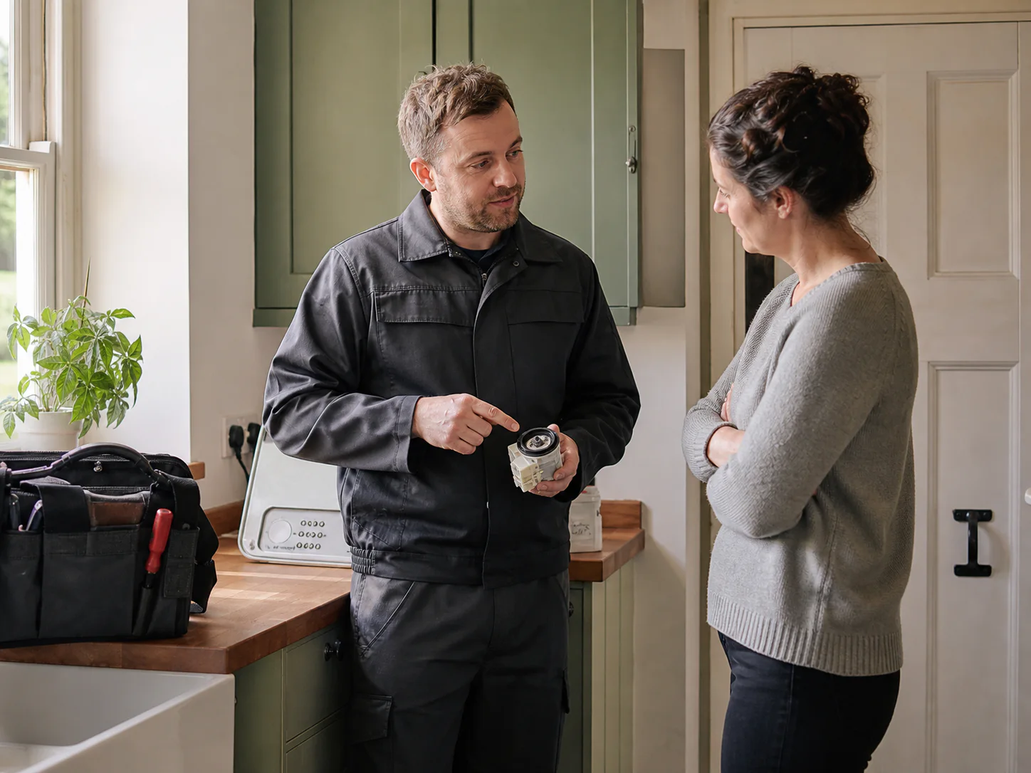 An engineer explaining an appliance repair to a homeowner