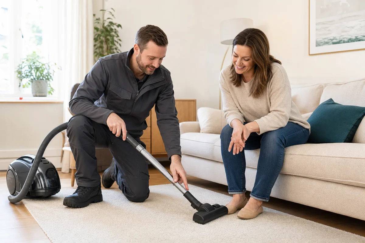 An engineer and homeowner testing a repaired vacuum cleaner