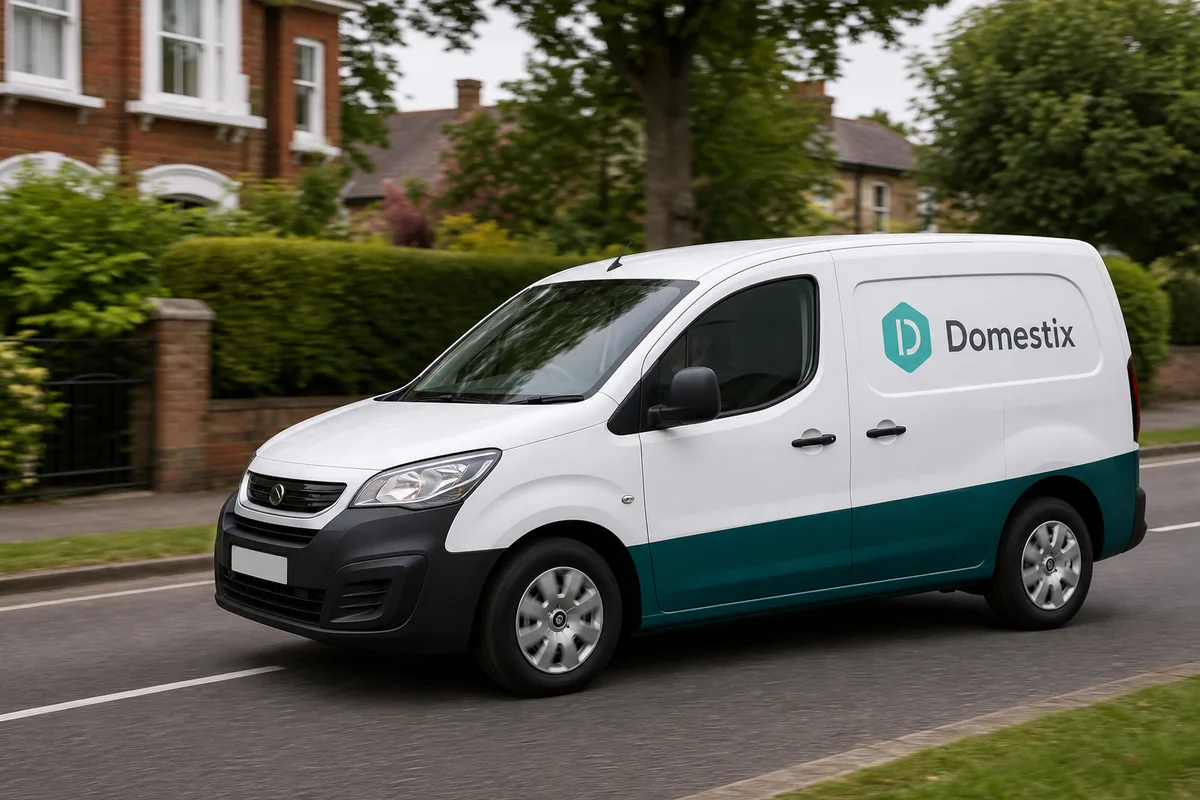 A Domestix service van on a residential road